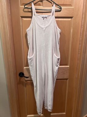Sincerely Jules Cozy Cream Knit Soft Plush Sleeveless Jumpsuit Pockets Women’s L